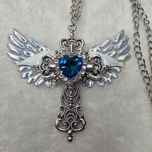 Silver Winged Necklace with Blue Heart Pendant